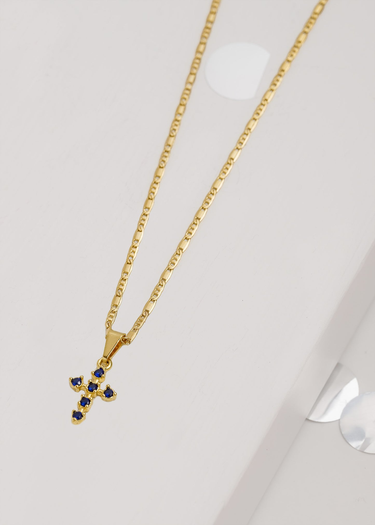Cadena Escalera y Plana (65cms) + Dije Cruz 6 Circonias Azul