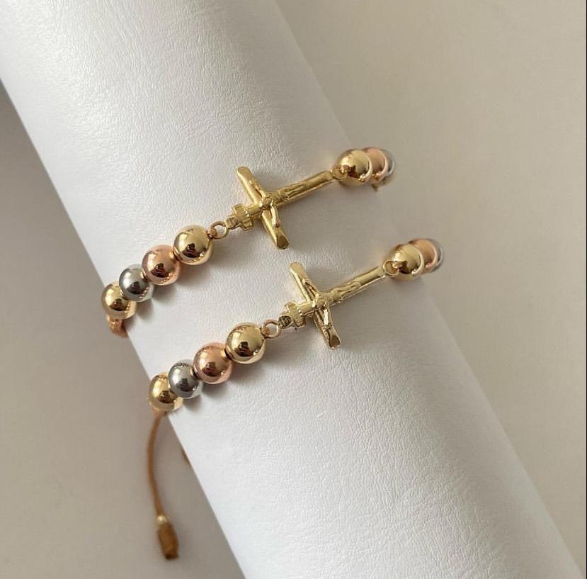 Pulsera Cruz Inri 25mm Balines 6mm 3 oros