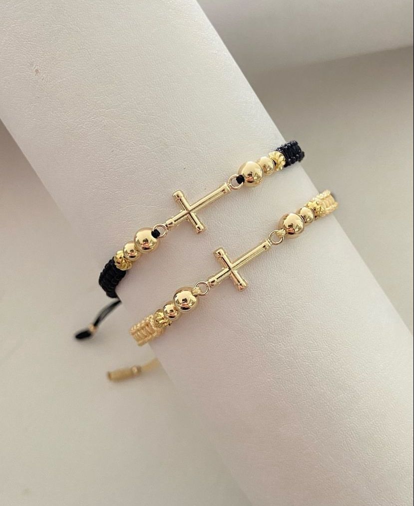 Pulsera Cruz Tubular 19mm Balin 4mm - 5mm liso y 4mm diamantado