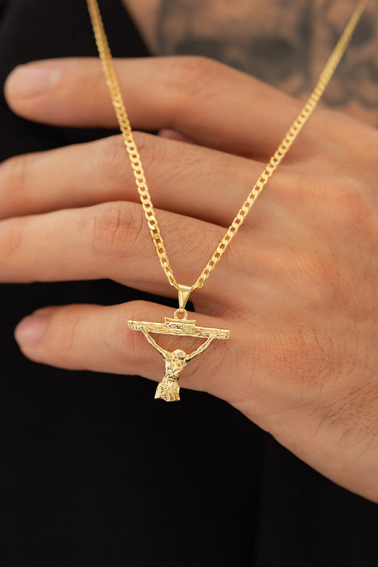 Dije Cristo Dali + Cadena Cubana Plana Diamantada 45 cm