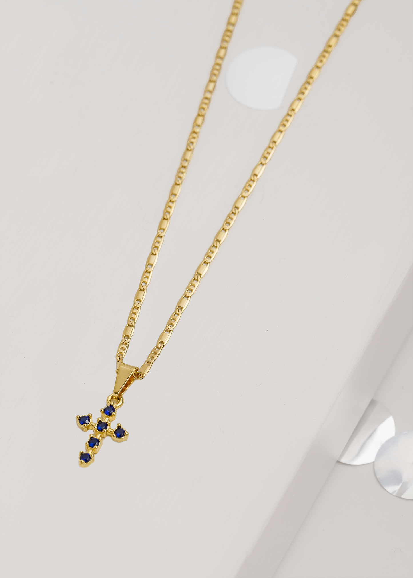 Cadena Escalera y plana (65cm) + Dije Cruz 6 circonias azul