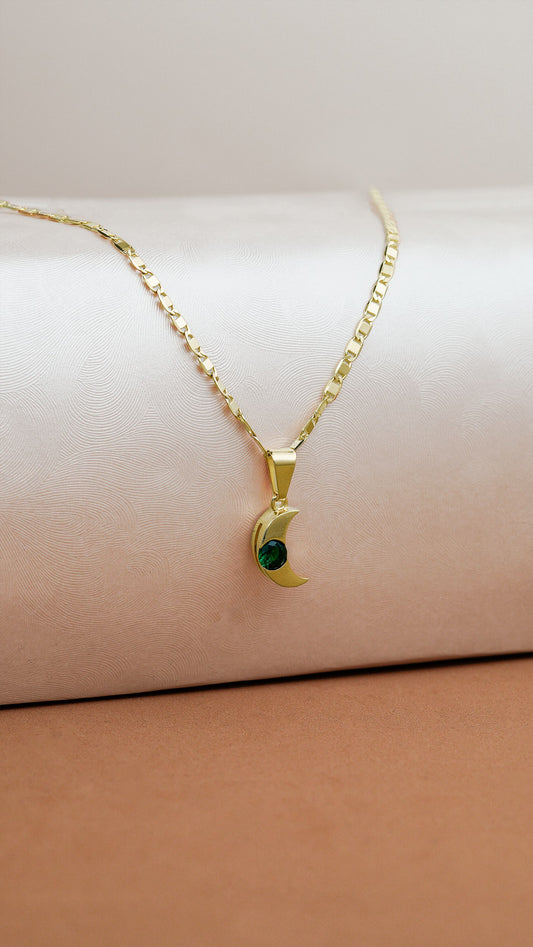 Cadena Escalera Plana (65cm) + Dije Luna Circonia Verde