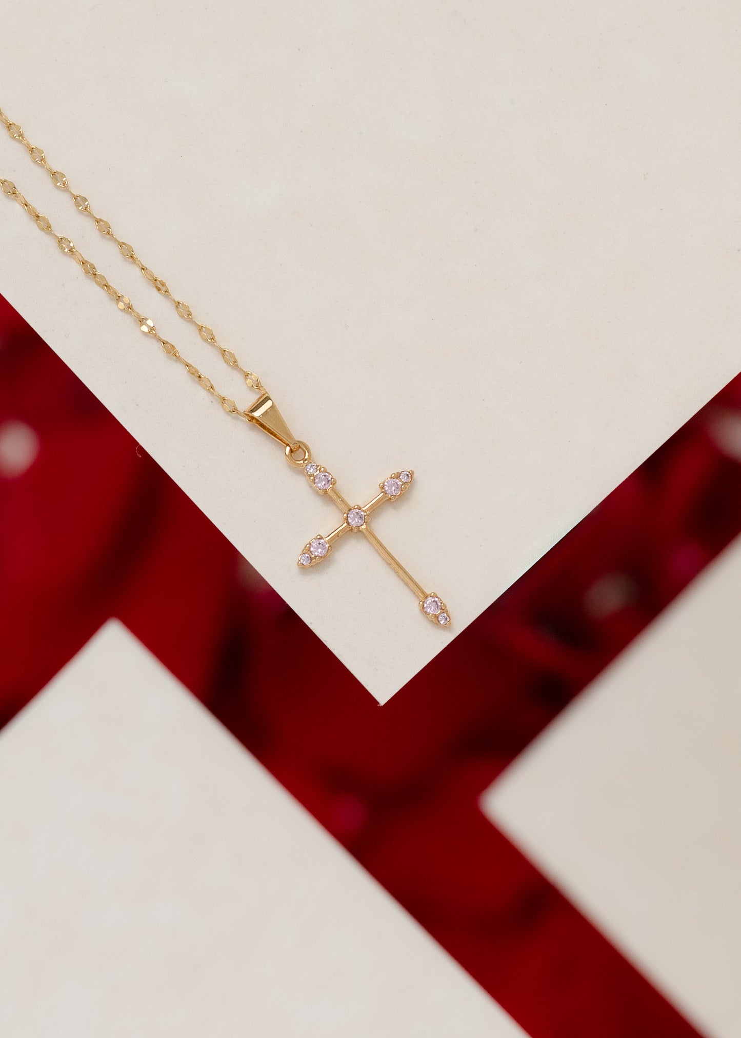 Cadena Espejo mediana (45cms) +
Dije Cruz  Tubular 9 circonias rosado